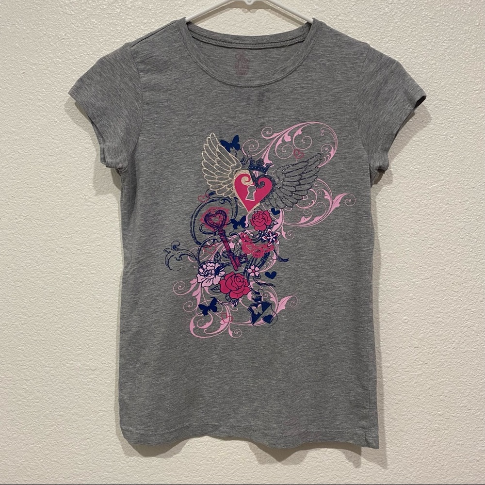 Kids The Children's Place Girls Gray Pink Glitter Floral T-Shirt 13/14